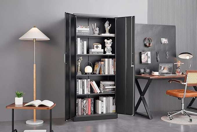 Guizeeopo Metal Storage Cabinet with Adjustable Shelves, Garage Storage Cabinets with Doors and Shelves, File Cabinets for Home Office, Kitchen Pantry Cabinet, 71'H, Black
