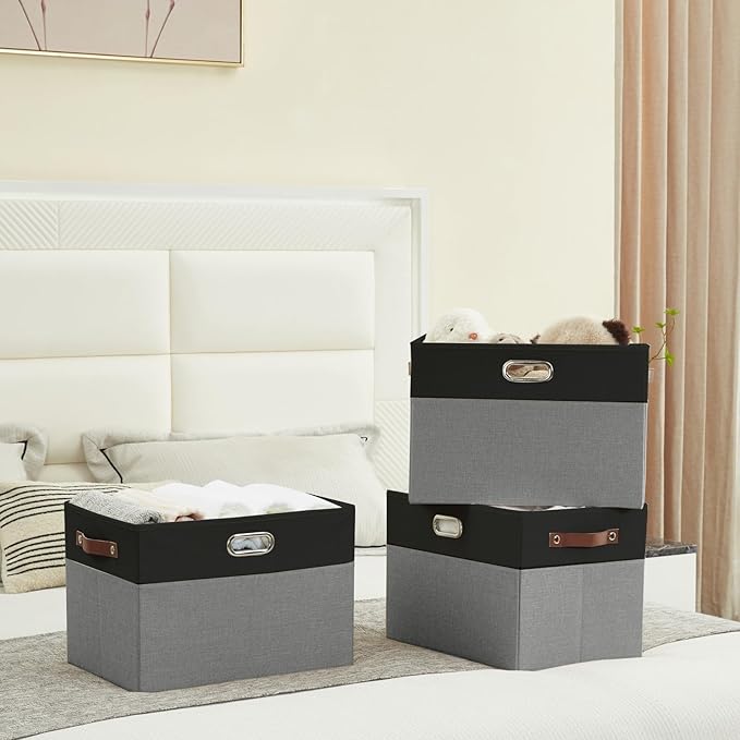 Bagnizer Large Collapsible Fabric Storage Bins with 3 Handles, Foldable Organizer Baskets for Closet, Shelves, Living Room | 3 Pack, Durable PU & Metal Handles (17"x11.8"x11.8", Black & Gray)