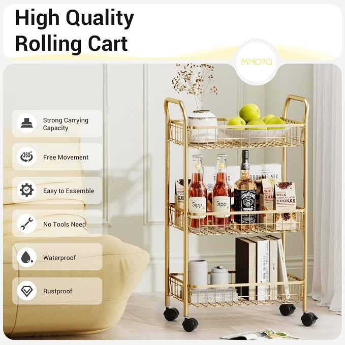 3 Tier Rolling Utility Cart, Storage Trolley Service Cart with Wheels Easy Assembly for Kitchen, Living Room, Office, Salon, Gold