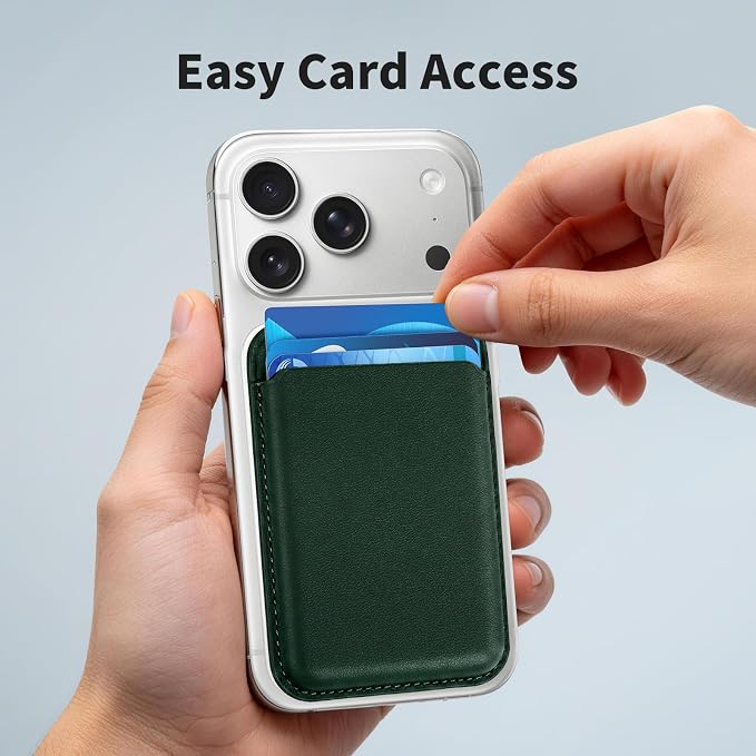 Magnetic Wallet Phone Card Holder for Phone Case with Mag-Safe, Stronger Magnetic RFID Leather Phone Wallet Stick on Series of iPhone 17/16/15/14/13/12 and Pro/Promax, Deep Green
