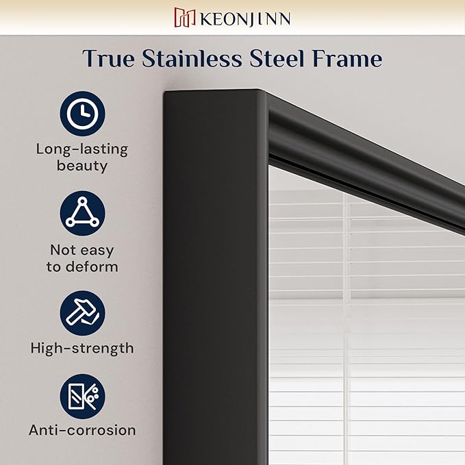 Keonjinn Black Bathroom Mirror 22 x 30 Inch, Stainless Steel Metal Framed Wall Mirror for Over Sink, Anti-Rust, Tempered Glass, Upgrade Installation, Rectangluar Square Corner, Matte Black