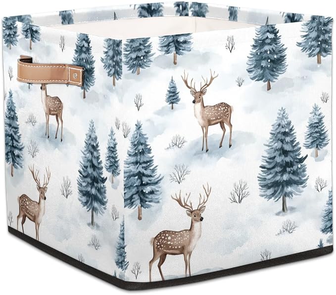 TropicalLife Forest Deer Storage Cube, 13 Inch Fabric Cube Storage Organizer Bin for Shelves Clothes, Decorative Foldable Storage Boxes