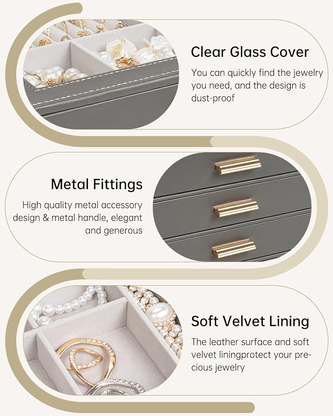 AKOZLIN Jewelry Box with Clear Lid Functional Leather Jewelry Storage Organizer Case 3 Drawers for Women Girls Necklace Ring Bracelet Earring
