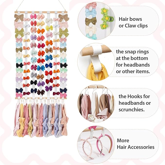 kangaroo Bows Holder Headband Organizer for Baby Girls Nursery Decor | Large Capacity | Wall Hanging-15"L x 27"H | Easy to Grab | Nursery Essentials | Baby's bows&headbanfs Organizer