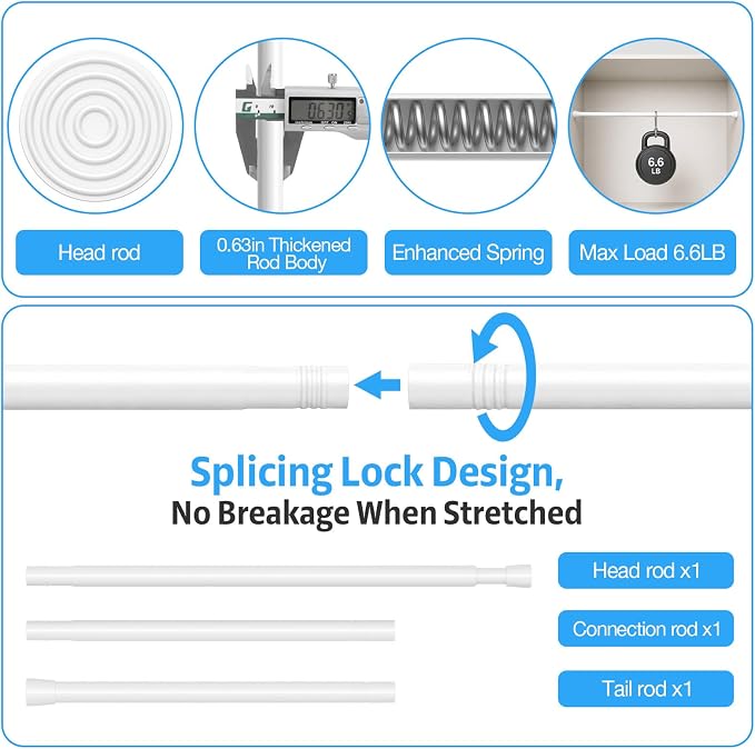 2 Pack Spring Tension Rods 28-45 Inches, 5/8 Inch Diameter White No Drill Spring Loaded Adjustable Extendable, Small Short Tension Curtain Rod for Windows Kitchen Doorway Closet Cupboard