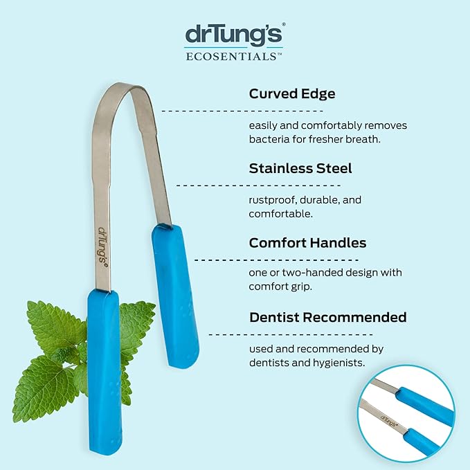 DrTung's Stainless Tongue Scraper - Tongue Cleaner for Adults, Kids, Helps Freshens Breath, Easy to Use Comfort Grip Handle, Comes with Fabric Travel Pouch - Stainless Steel Tongue Scrapers, (1 Count)