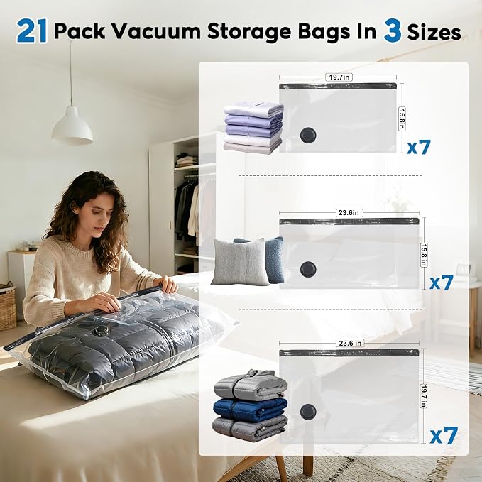 Mapambo Vacuum Seal Bags for Clothing Travel with -60000Pa LED Pump, 21 Pack Travel Cordless Vacuums Bag Set with Pump in 3 Combo Sizes. Vacuums Storage Bags for Clothes (21 Combo)
