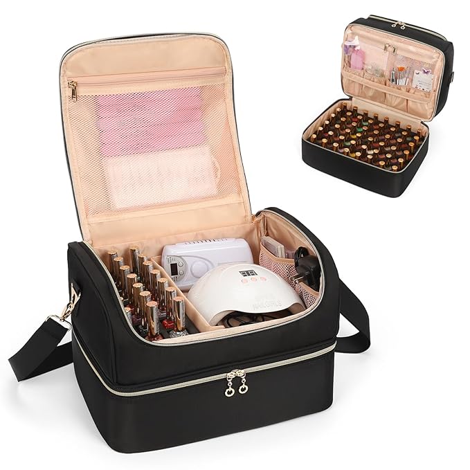 CUBETASTIC Nail Polish Organizer, Nail Tech Organizers and Storage Case Holds 69 Bottles Nail Polish & Nail Lamp, Travel Nail Supplies bag for Nail Tech Kit & Manicure Tools, Black
