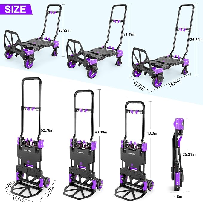 330LB Folding Hand Truck Heavy Duty Carrying, Combination of Four Wheels and Two Wheels Convertible Dolly Cart with Retractable Handle Dolly for Moving Office Carts(Purple)