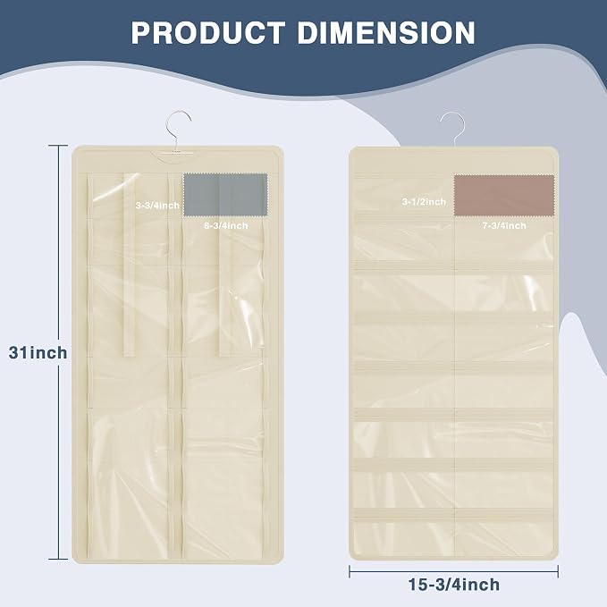 Hanging Sunglasses Organizer and Storage, 32 Slots Jewelry Holder, Beige | Protect eyewear from dust with double-sided clear compartments; roof design hangs on wall, door or closet for home/RV travel.