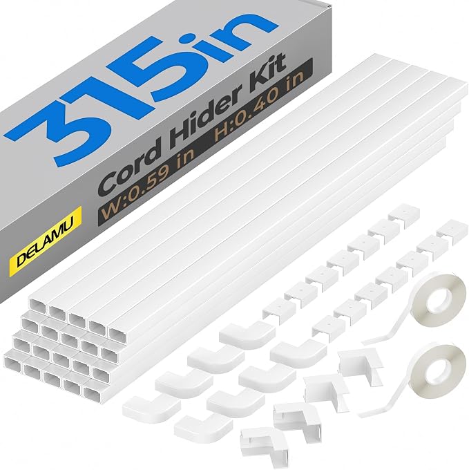 Delamu Cord Hider, 315in Total Cord Covers for Wires on Wall, Paintable Cable Cover for Wall Mounted TV, Easy Install Cable Raceways to Hide 1-2 Cords, 20 Pack, Each 15.7"L x 0.59"W x 0.40"H, White