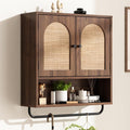 RUSTOWN Rattan Bathroom Wall Cabinet, Boho Medicine Cabinet with 2 Arched Doors, Farmhouse Over the Toilet Storage Cabinets with Adjustable Shelves & Towel Bar, 3-Tier Wall Mounted Cabinets