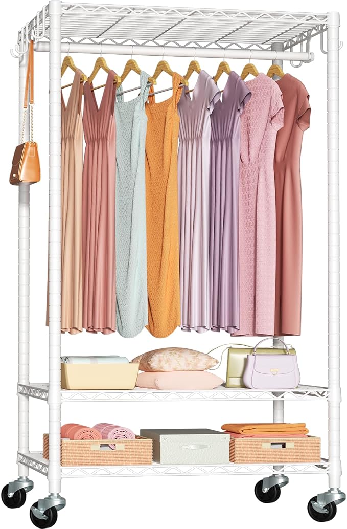 FUTASSI Rolling Clothes Rack, Clothing Racks for Hanging Clothes, White | P6 Heavy Duty Garment Rack with Wheels, 3 Tier Freestanding Portable Closet Rack with Shelves, 35.5 In Wide, Max Load 380 LBS