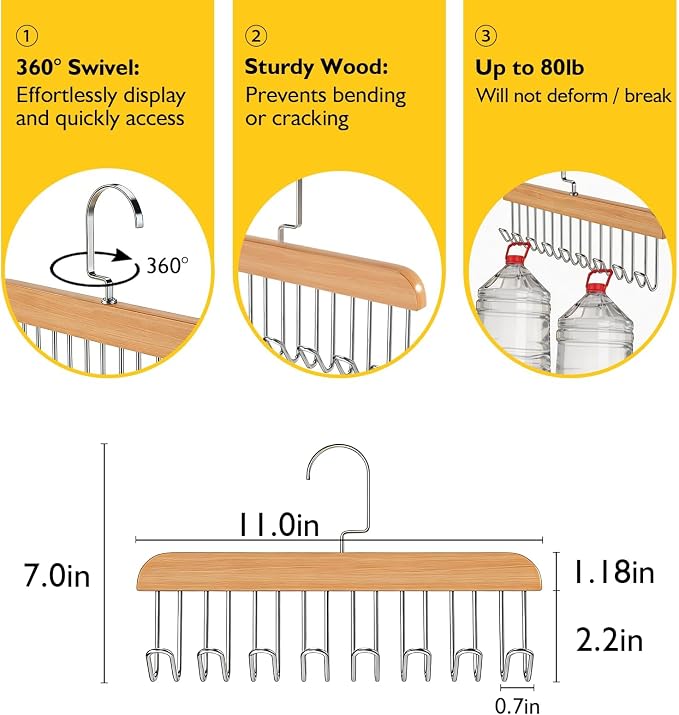 Bra Hangers for Closet Organizer with 16 Metal Hooks Belt Hanger for Closets Space Saving Multi Hook Hanger Non-Slip Tank Top Hanger 360°Rotating Display Belt Organizer for Tie, Hat, Bra Wooden 3 Pack