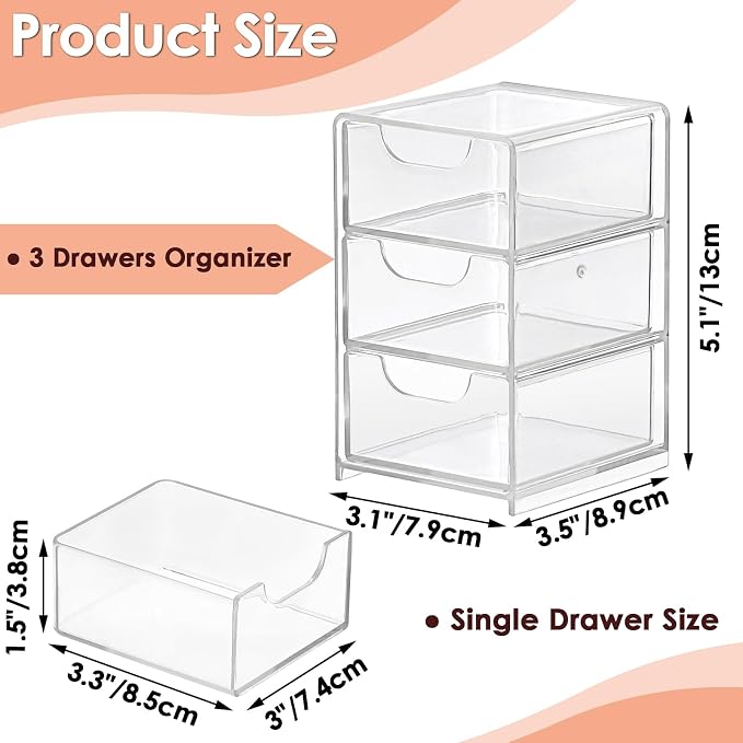 BTSKY 2 Pack Small Acrylic Storage Organizer with Drawers, 3-Layer Clear Desktop Organizer for Office Supplies Mini Storage Box with Drawers for Desk, Desktop Makeup Drawer Jewelry Storage Box