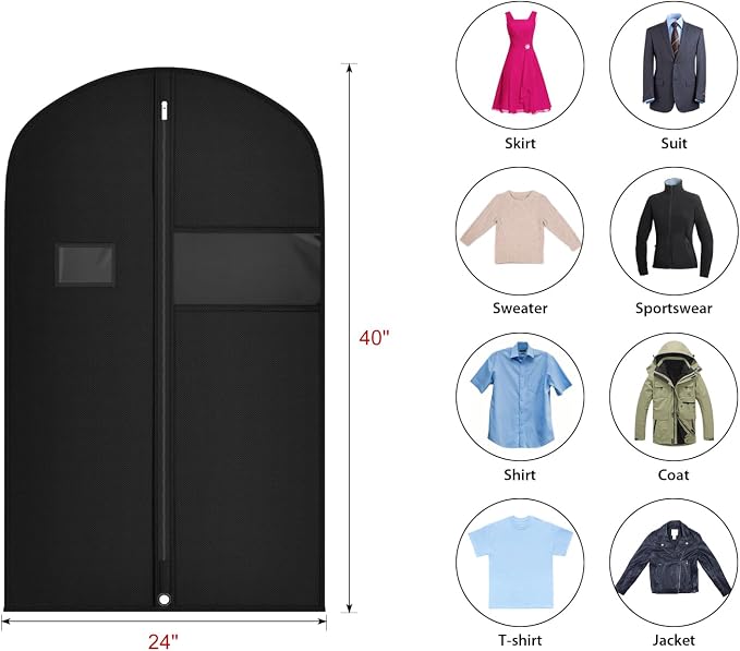 Univivi Hanging Garment Bags Suit Cover for Storage, 40 Inch, 5 Pack, Black | Breathable Suit Bag, Dustproof Hanging Clothing Bag, Clear Window and ID Card Holder for Suits, Jackets, Skirts
