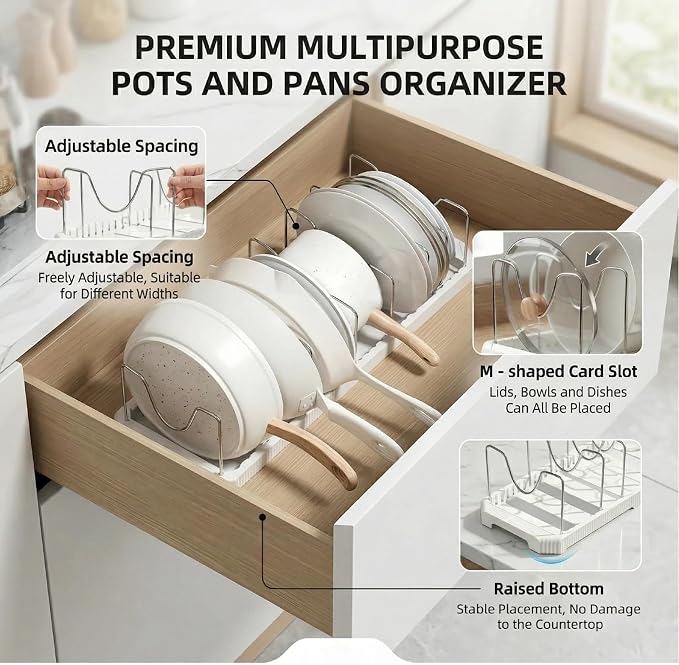 Expandable Pot and Pan Organizer for Under Cabinet, 12.9-22 Inch Adjustable Lid Kitchen Cabinet Organizer Holder with 7 Stainless Dividers, Cabinet Storage Holder for Lids Bakeware Cutting Boards