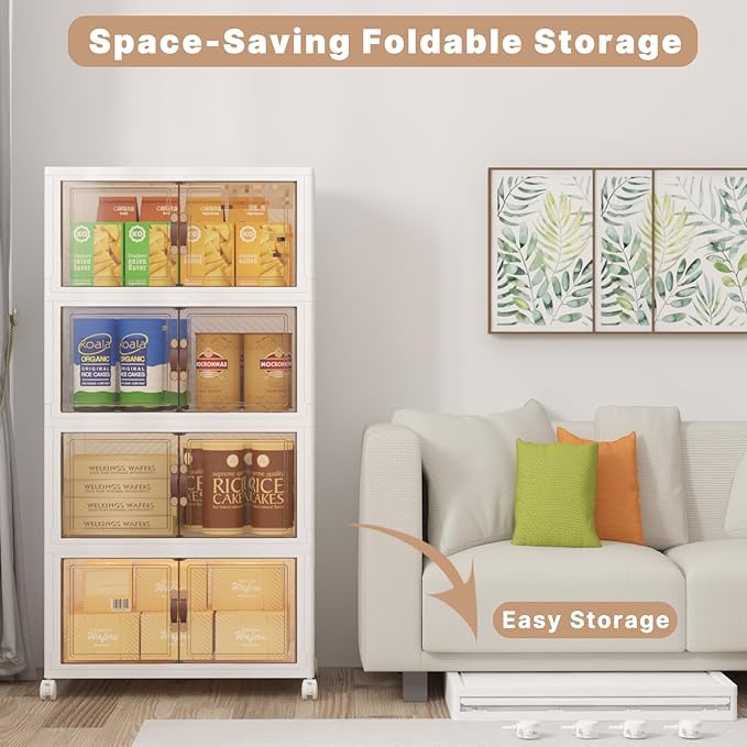 UAMFURI Extra Large Stackable Storage Bins with Lids & Wheels, 480QT-120QT/30GAL*4Pack Foldable Collapsible Closet Organizers Storage Cabinet with Doors for Bedroom Dorm