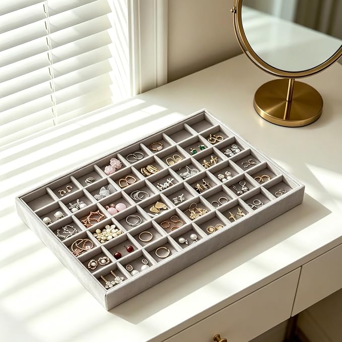 Large Stackable Jewelry Tray 4 Pack Velvet Jewelry Display Drawer Inserts Trays Organizer for Earring Bracelet Necklace Ring (Gray, 48 Grids)