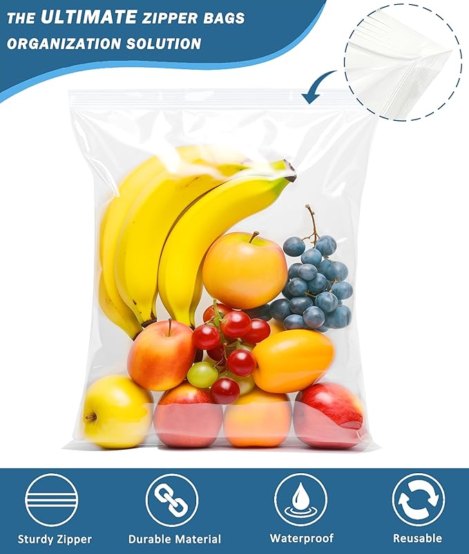 15 Heavy Duty Storage Bags with Zipper Top, 3.1-mil Thick, Extra Large 5 Gallon Bag 18" x 24", Resealable Plastic Bag, Jumbo Freezer Bags for Food, Clothes, Travel, Moving