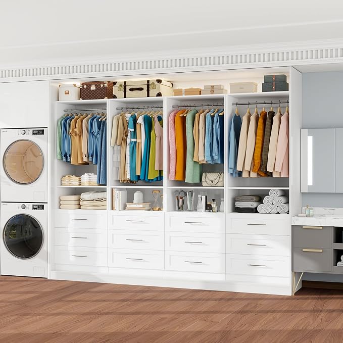 Closet System, 4FT-5FT-8FT Free Standing Closet Organizer With Drawers Wooden, Walk in Closet System with 5pcs Hanging Rods and Shelves Storage, Closet Built in System Wardrobe Organizer, White