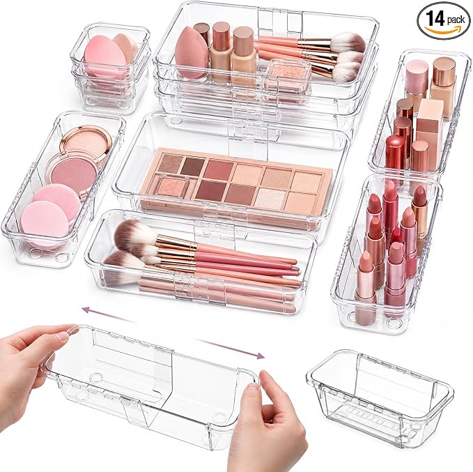 14 Pcs Clear Drawer Organizer, Adjustable Drawer Organizer, 3-Size Expandable Drawers Organizers for Makeup, Cosmetic, Kitchen Utensils, Bedroom Dressers, Tool Organizers for Gadgets