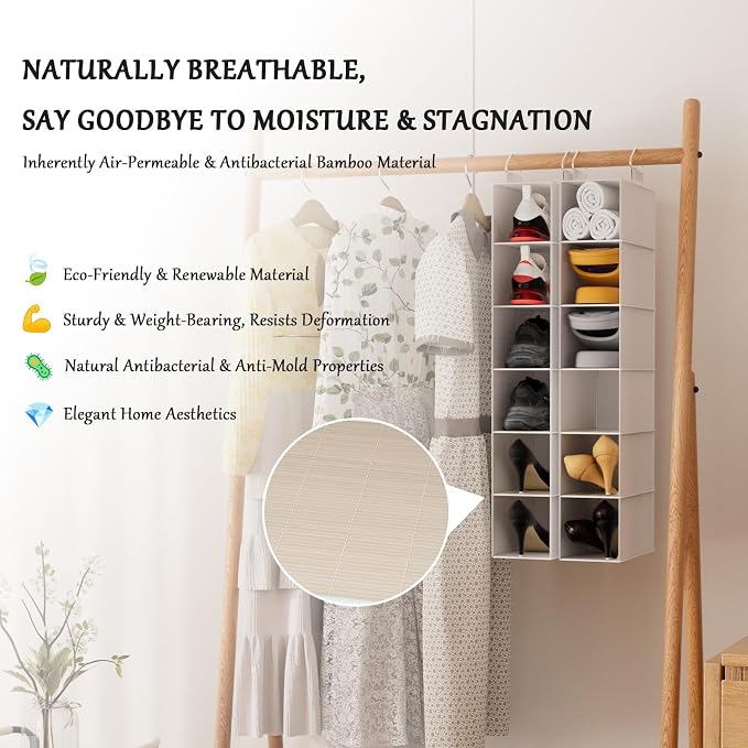 Hanging Shoe Shelves - 6 Section,Closet Organizer Set of 2 with Woven Bamboo Shelves,Slim 5.5” Wide Design for Space-Saving Storage,White