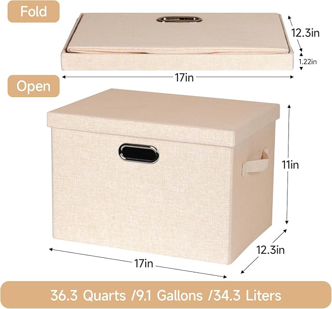 Graciadeco Large 17" 36 Quart Collapsible Stackable Storage Bins with Lids, 3 Packs Light Orange Linen Fabric Closet Boxes with Lids, Storage Cube Baskets Container Organizers for Office (17x12x11)