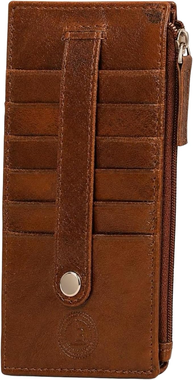 Leatherboss Genuine Leather Women's All in One Credit Business Card Case Holder Slim Zipper Wallet With a Card Protection Strap, Metallic Bronze
