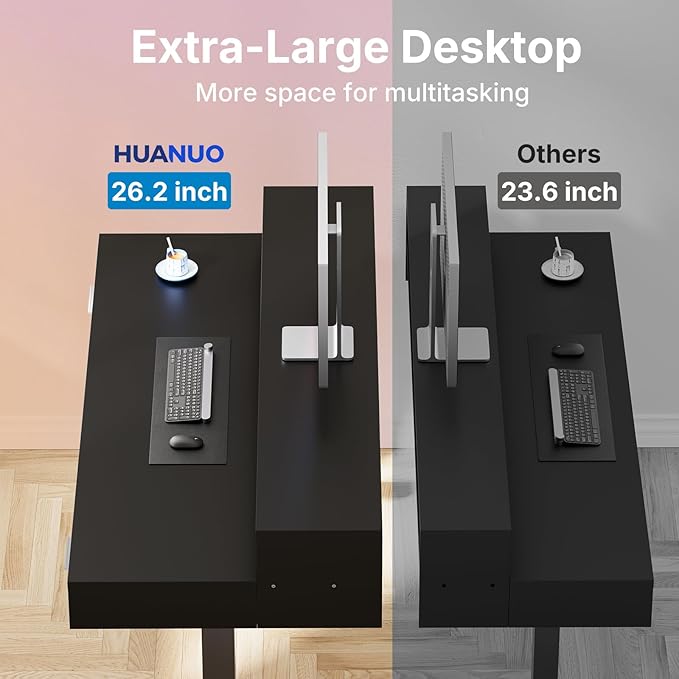 HUANUO 55″ x 26″ Electric Standing Desk with 2 Drawers &24.4″ Large Keyboard Tray, C-Clamp Mount Compatible, Adjustable Computer Desk for Office, Sit Stand Up Desk with 4 Height Presets, Black