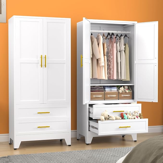 erosoei Metal Armoire Wardrobe Closet, 71 "Metal Clothing Storage Cabinet | with Adjustable Shelves and Hanging Rod, Household Steel Wardrobe Storage Cabinet with Drawers (armoire-white)
