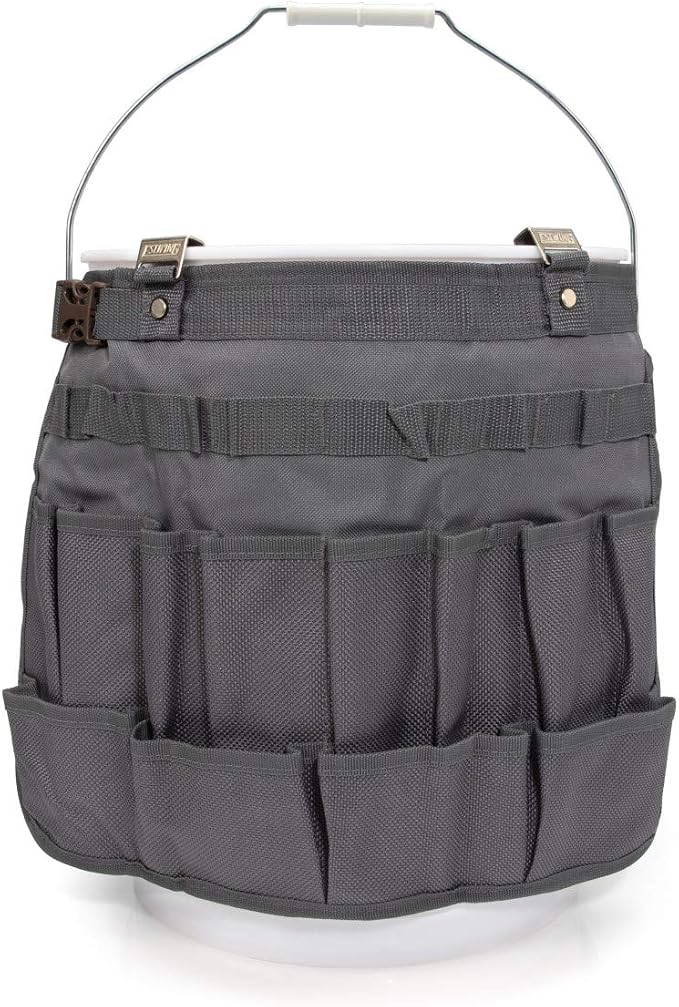 Estwing 28-Compartment 5-gallon Bucket Tool Organizer/Tool Bag, Durable Polyester, Heavy-Duty Steel Hangers, Zippered Pocket, 16 Open-top Pockets, 11 Tool Loops, Buckle Security Strap