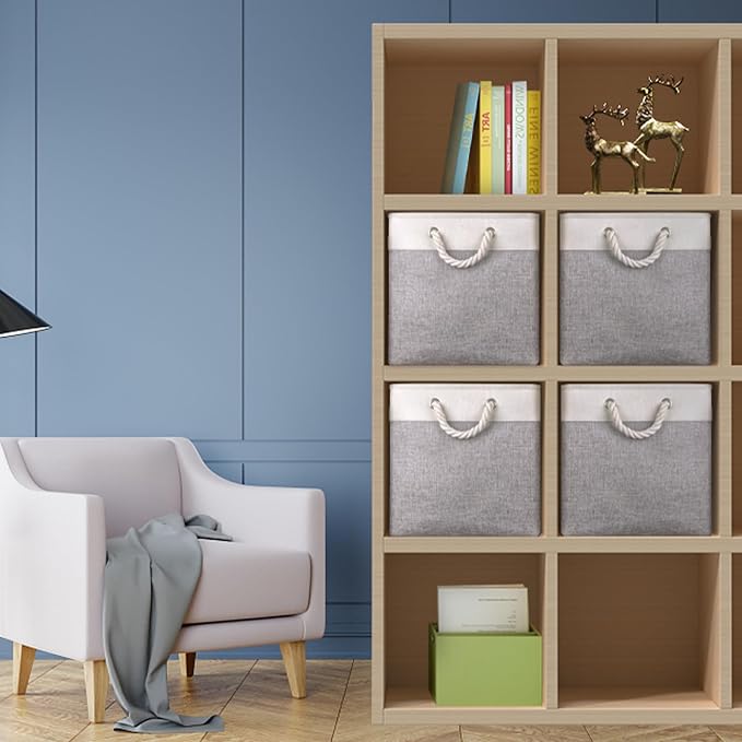 Univivi Foldable Storage Basket Fabric 13 inch Cube Storage Bins with Hard Bottom &Sturdy Handles Storage Cube for Shelf Closet Home (Grey , 4-Pack) | 13x13 Inch Hard Bottom Cube Storage Bins, Foldable Storage Basket for Home Closet Shelf