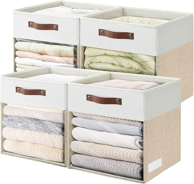 Bagnizer Storage Cubes, 4 Pack Linen Foldable Storage Bins with Clear Window and 2 Handles, 13x15x13 Storage Cube Bins for Shelf Closet, Kallax, Clothes, Books - (Beige / Off-White)