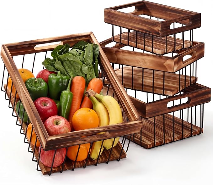 4 Pack Metal Wire Storage Basket, Multiple Sizes Basket with Handles Wooden Top and Bottom Containers Organizer Rustic Farmhouse Decor for Kitchen Cabinets, Bathroom, Pantry, Laundry Room