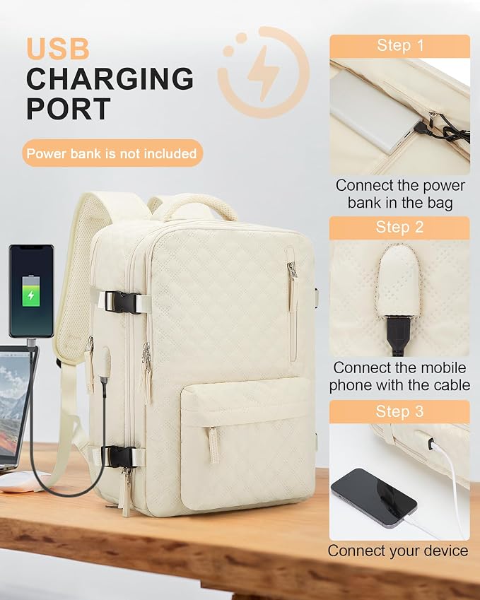 WONHOX Travel Carry On Backpack for Women, Waterproof Laptop Backpack for Traveling on Airplane Hiking Gym Backpack with USB Charging Port Shoe Compartment, Beige