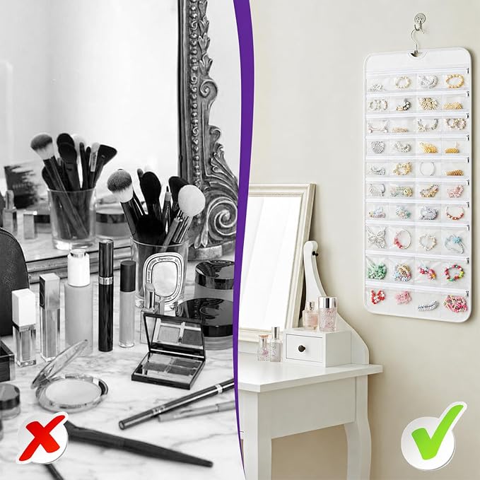 2 Pack Hanging Jewelry Organizer with 80 Zippered Pockets (White) | Dual-Sided Dustproof Foldable for Travel, Accessories Organizer for Holding Jewelries, Earring Organizers and Storage