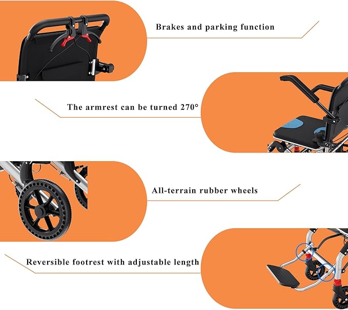 Lightweight Wheelchairs Transport Chair Lightweight Foldable with Telescopic Handle, Portable Folding Travel Transfer Wheel Chairs with Hand Brake for Seniors & Adults