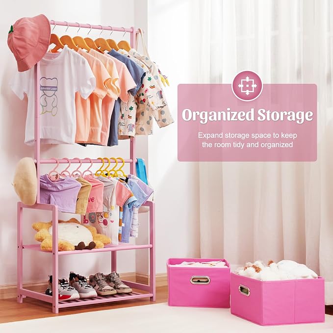 Bamboo Kids Clothing Rack: Holds Up To 121 Lbs of Dress-Up Clothes | 2 Adjustable Hanging Rods & 2 Storage Baskets With Shelf. Child Garment Holder for Playroom & Toddler Bedroom (Pink)