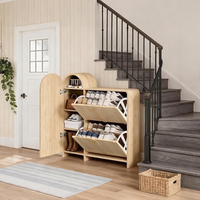 Arched Cabinet with Doors-Shoe Cabinet,Hidden Shoe Rack,Shoe Stand for Entryway Compact Shoe Storage in Oak Finishes,Mid-Century Style for Entryway