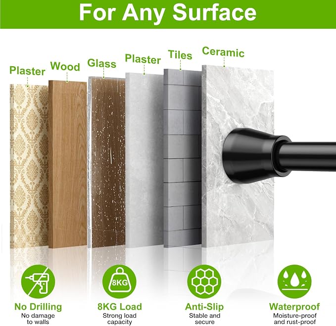 HAOYUNIE 1 Pack Tension Curtain Rods, 45-77Inches Adjustable Spring Tension Rods, No Drill No Slip, for Windows, Doorway, Bathroom & Closet (black)