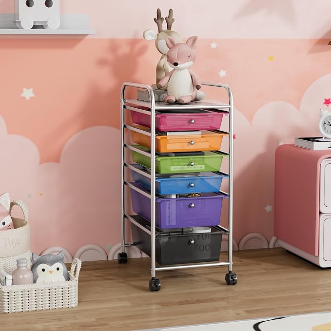 DREAMADE Rolling Cart with Storage Drawers, Utility Cart with Removable Plastic Drawers, Lockable Wheels, Art Cart for Classroom Organization Art Supplies Office Scrapbook (6 Drawers, Rainbow)