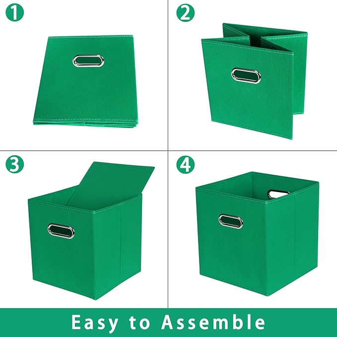 Green Foldable Storage Bins, 11x11x11, Set of 6, (Fabric Cube Organizer with Handle, for Cloth or Accessory Storage)