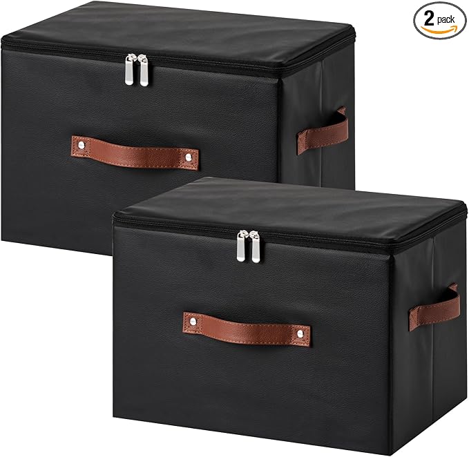 2PCS Storage Bins with Zippered Lid Decorative PU Leather Boxes | Foldable Washable Stackable Basket Container, Lidded Shelf Closet Organizer, with Handles & PP Plastic Boards, Black-Large