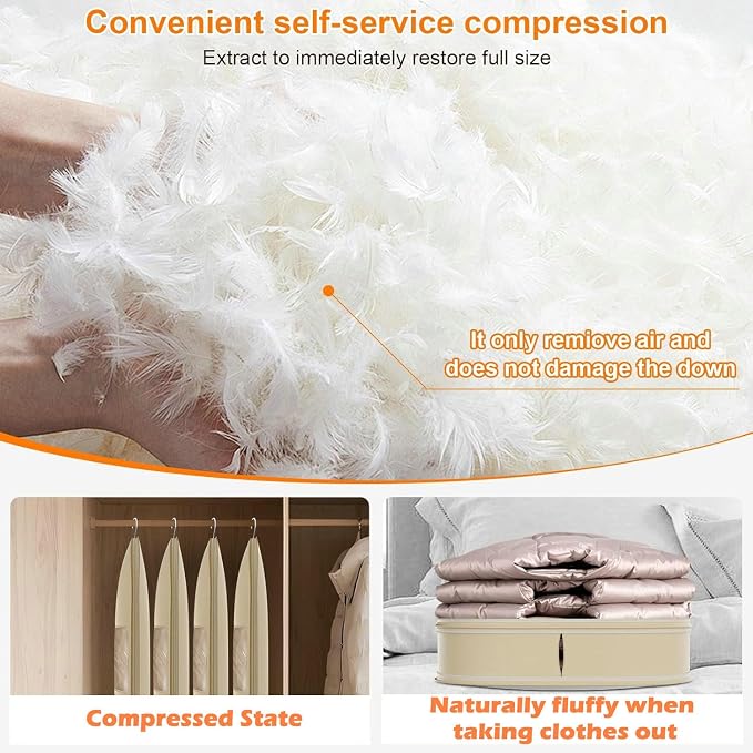 Space Saving Hanging Garment Bag with Self Compression Zipper, New Update Space Saver Clothes Storage Organizer, Dust Cover Clothes Bags for Down Coat (Beige, L)