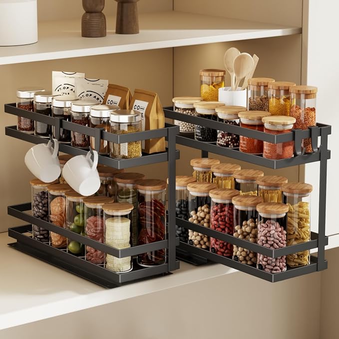 Magheo Pull Out Spice Rack Organizer for Cabinet, 2 Pack Metal Seasoning Organizer Slide Out Spice Storage Shelf No Assembly Vertical Spice Rack Pullout for Kitchen & Bahthroom No Drill(2 Tier,Black)
