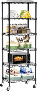Golpart Small Shelves Storage Wire Metal Adjustable Shelf Unit with Wheels | 6 tier Shelving Organizers Storage Shelving for Bathroom Laundry Room Kitchen Pantry 11.7”D x 17.7”W x 61.6”H Black