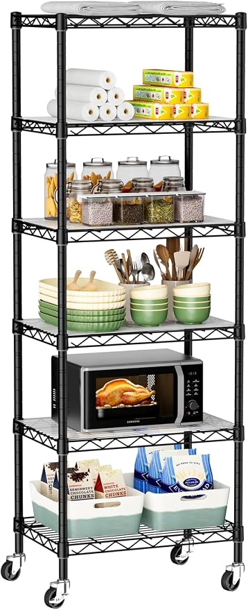 Golpart Small Shelves Storage Wire Metal Adjustable Shelf Unit with Wheels | 6 tier Shelving Organizers Storage Shelving for Bathroom Laundry Room Kitchen Pantry 11.7”D x 17.7”W x 61.6”H Black