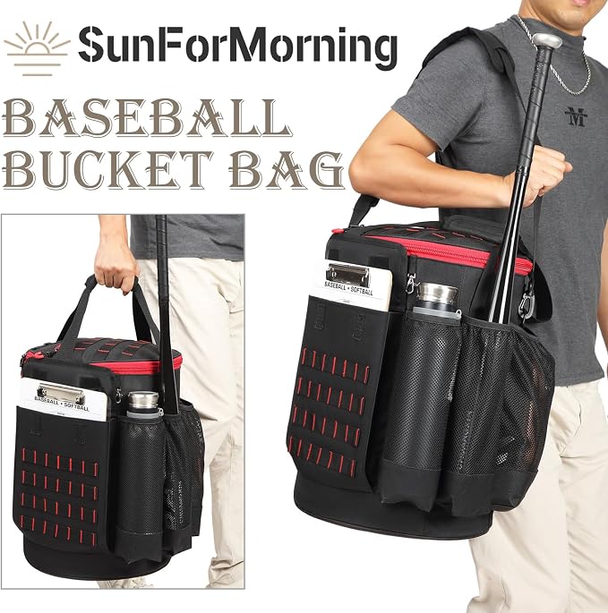 Baseball Bucket Bag Baseball Coaching Accessories Organizer Tactical Style Softball Bucket Bag with Anti-Slip Bottom, Multiple Pockets for Bat, Gloves, Scoreboards