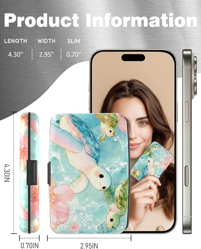Maicican Credit Card Holder, Mini RFID Blocking Aluminum Wallet | Slim Metal Hard Case Travel Wallet ID Case for Women and Men, 4.3 x 2.9 Inches, Flowers and Turtle